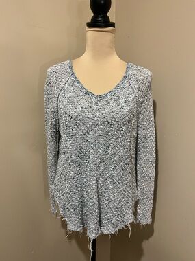Free People Oversized Vneck, Blue-Grey Open Knit Top, raw hem, boho, size small